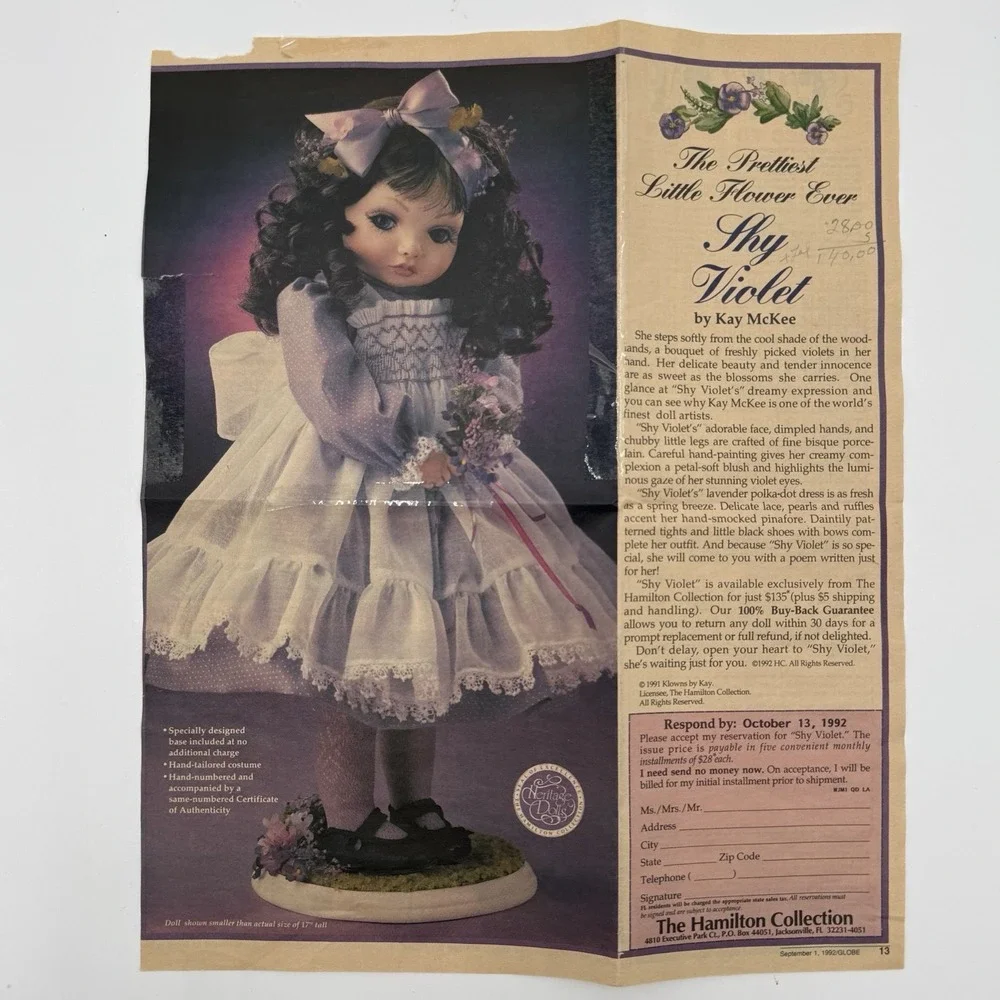 Vintage Kay McKee Shy Violet Porcelain Doll Hamilton Collection 1991 w/ Box Auth